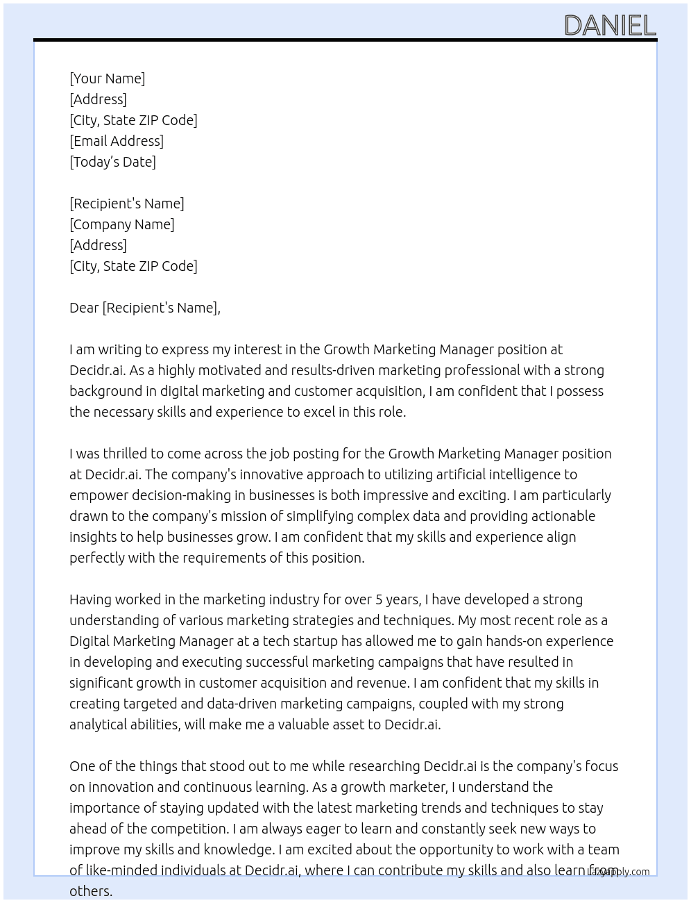 Growth Marketing Manager At Decidr.ai Cover Letter