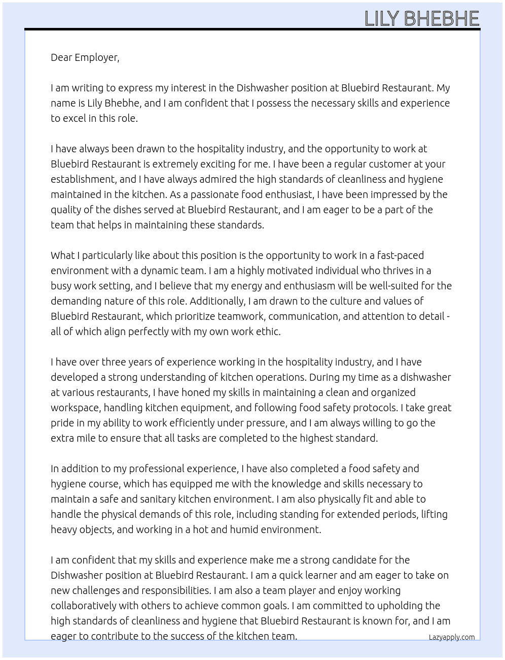 Dishwasher At Bluebird Restaurant Cover Letter