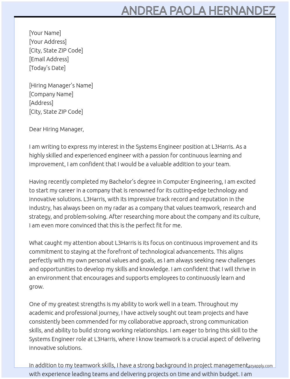 Systems Engineer At L3Harris Cover Letter