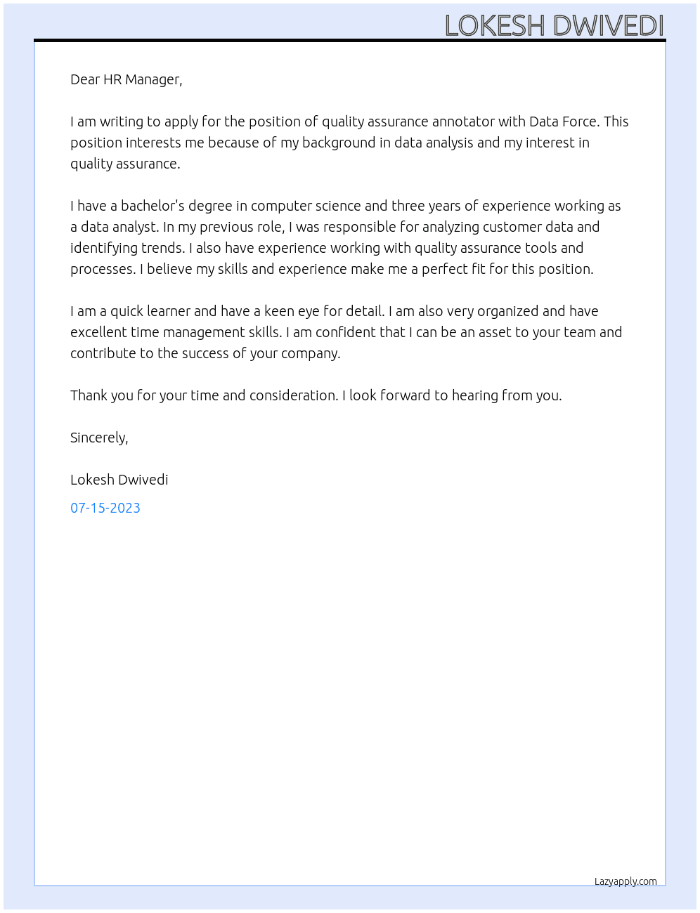 Quality assurance annotator At Data Force Cover Letter