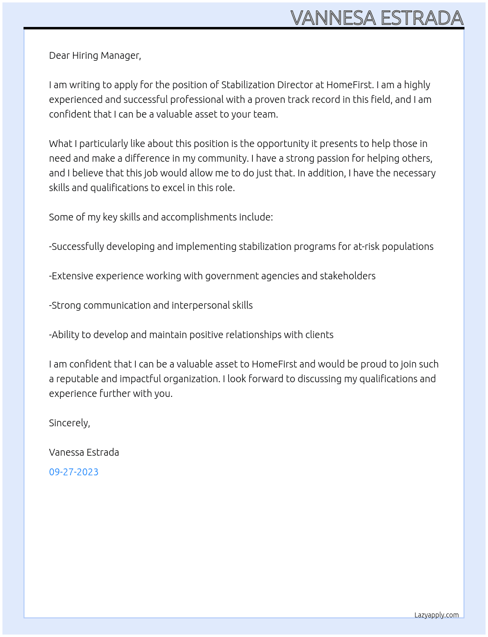 Stabilization Director At HomeFirst Cover Letter
