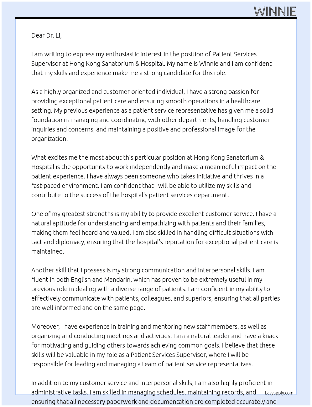 Patient Services Surpervisor At Hong Kong Sanatorium & Hospital Cover Letter
