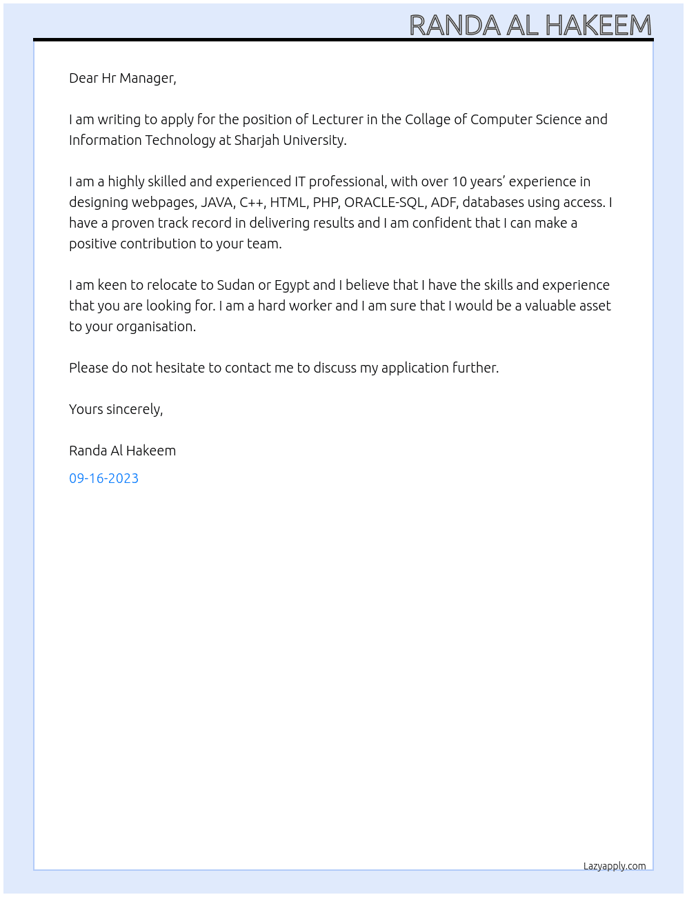 Lecturer in Collage of Computer Science and Information Technology At Sharjah University Cover Letter