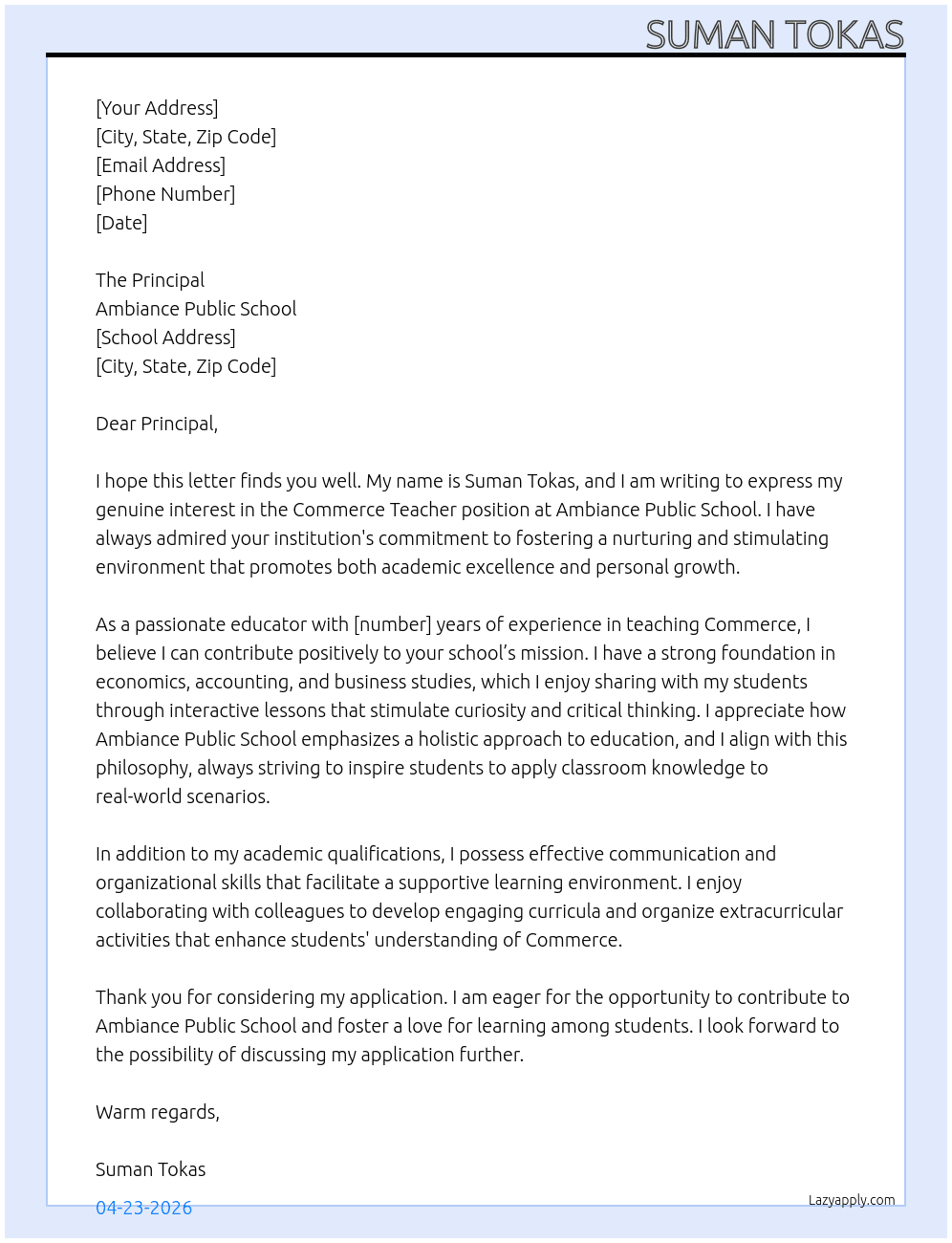 Commerce teacher  At Ambiance public school  Cover Letter