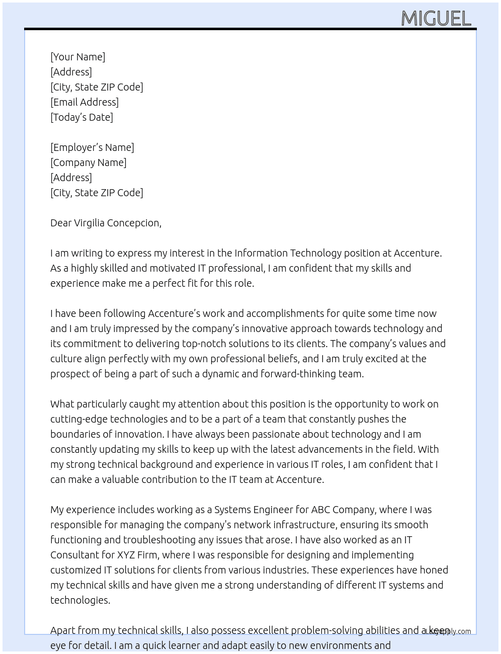 Information technology  At Accenture Cover Letter