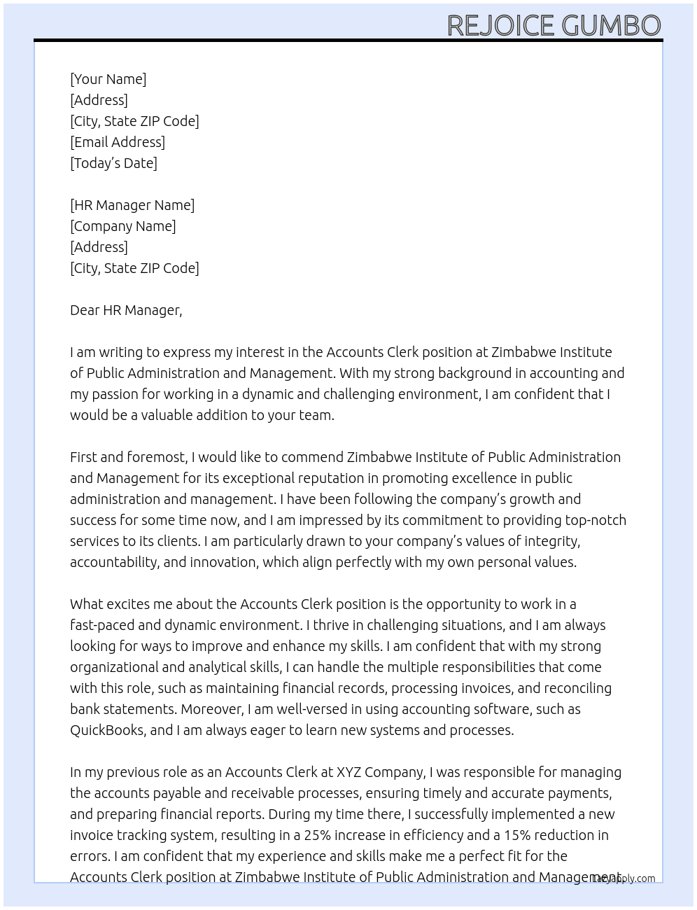 Accounts clerk At  Zimbabwe Institute of Public Administration and Management  Cover Letter