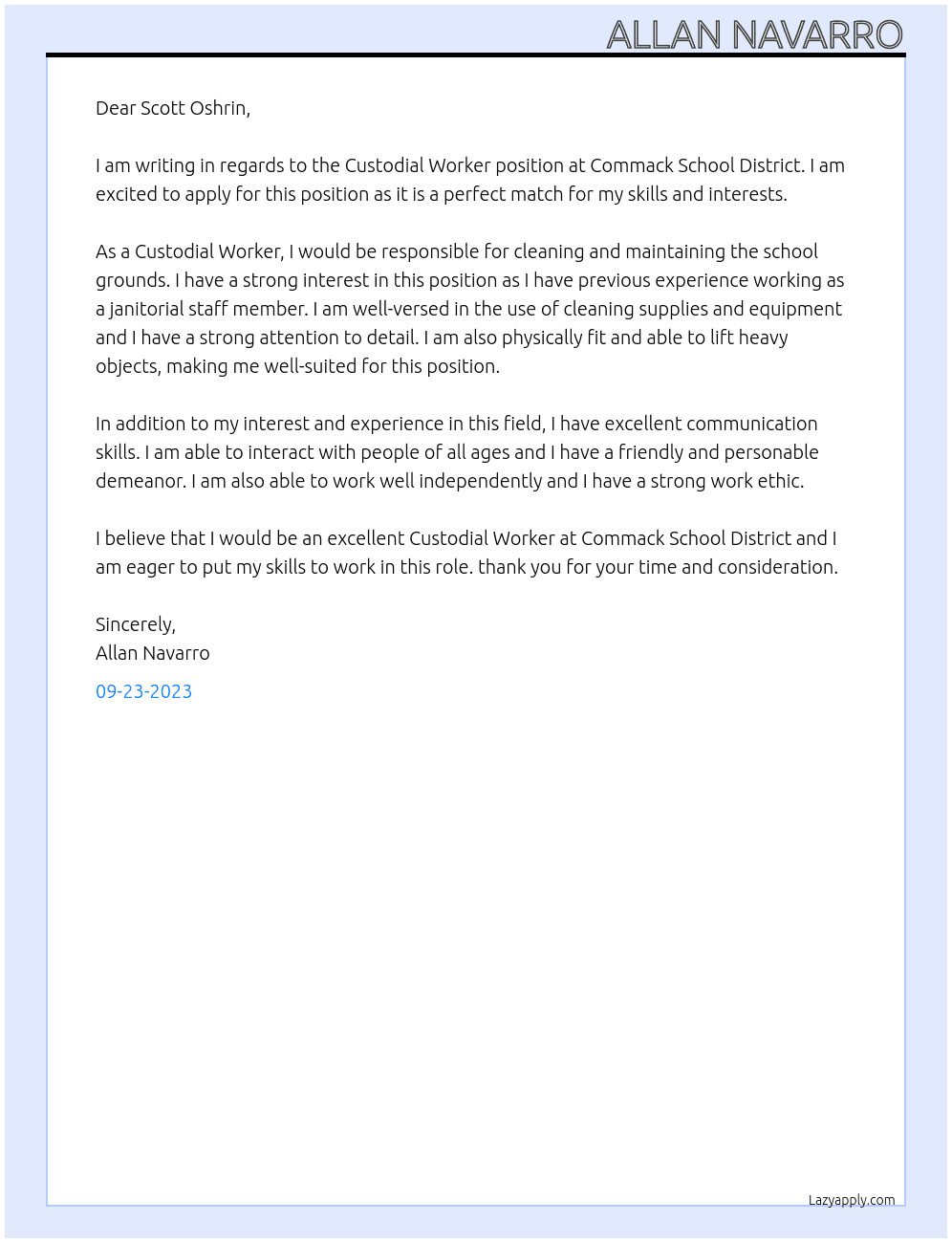 Custodial worker At Commack school district  Cover Letter