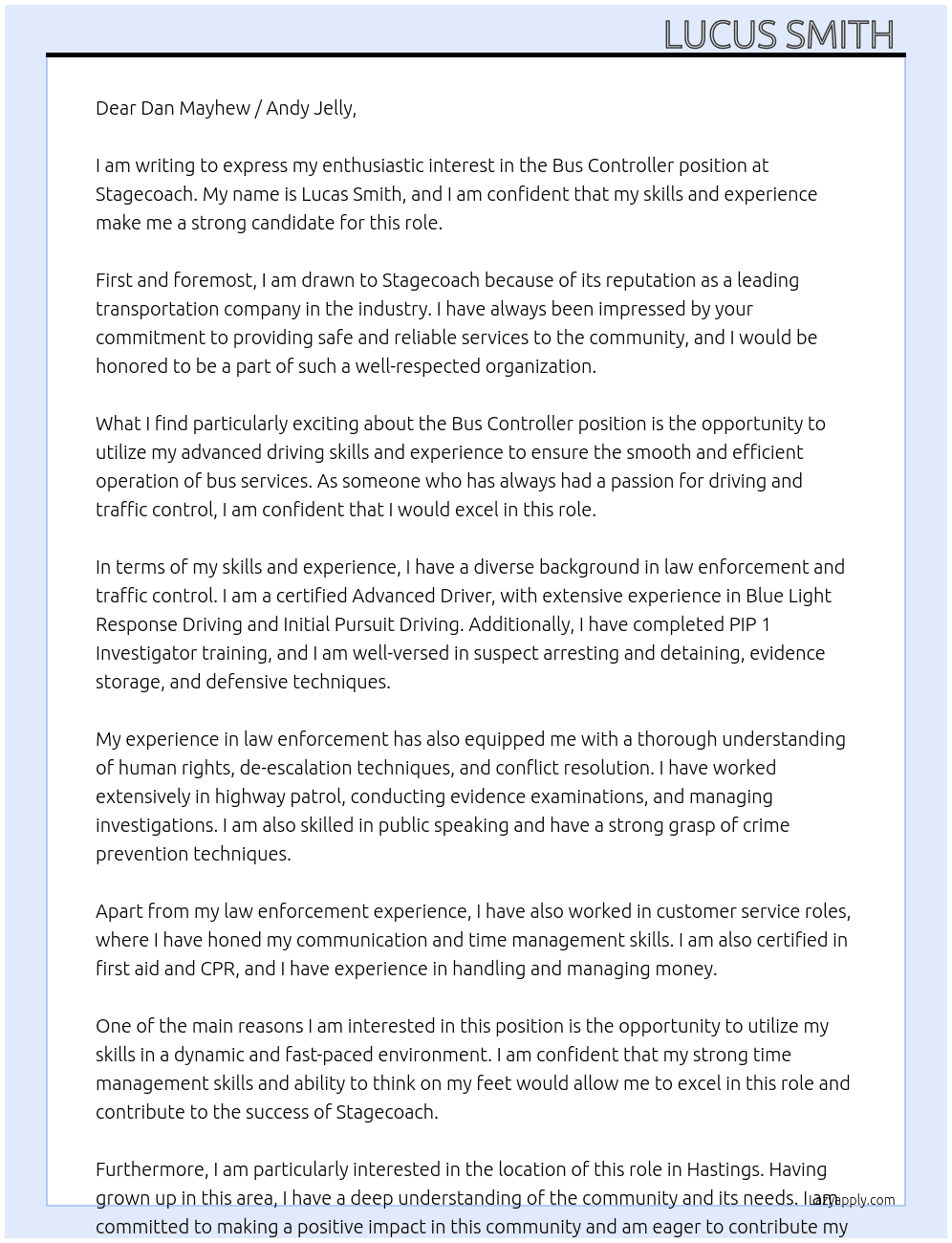 Bus Controller At Stagecoach Cover Letter