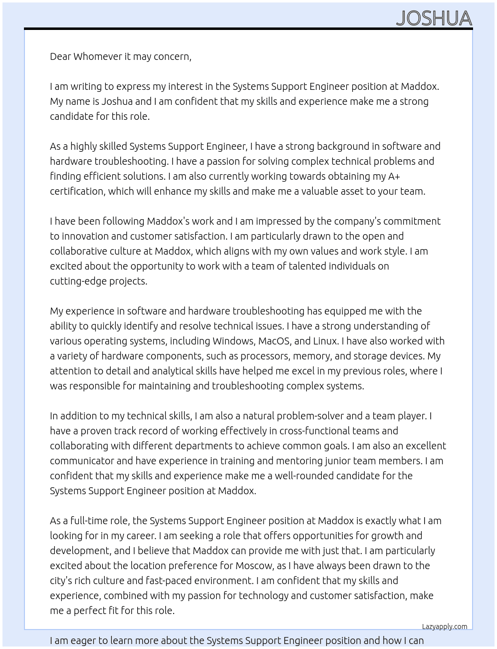 Systems Support Engineer At Maddox Cover Letter
