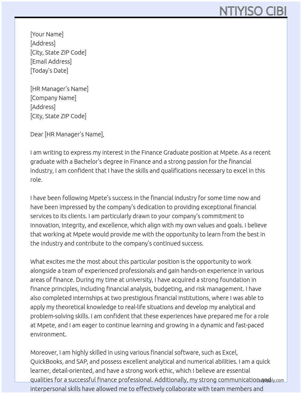 Finance Graduate At Mpete Cover Letter
