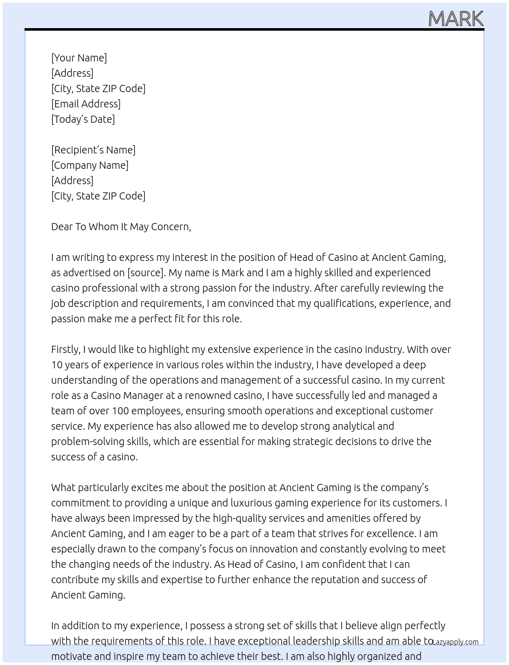 Head of Casino At Ancient Gaming Cover Letter