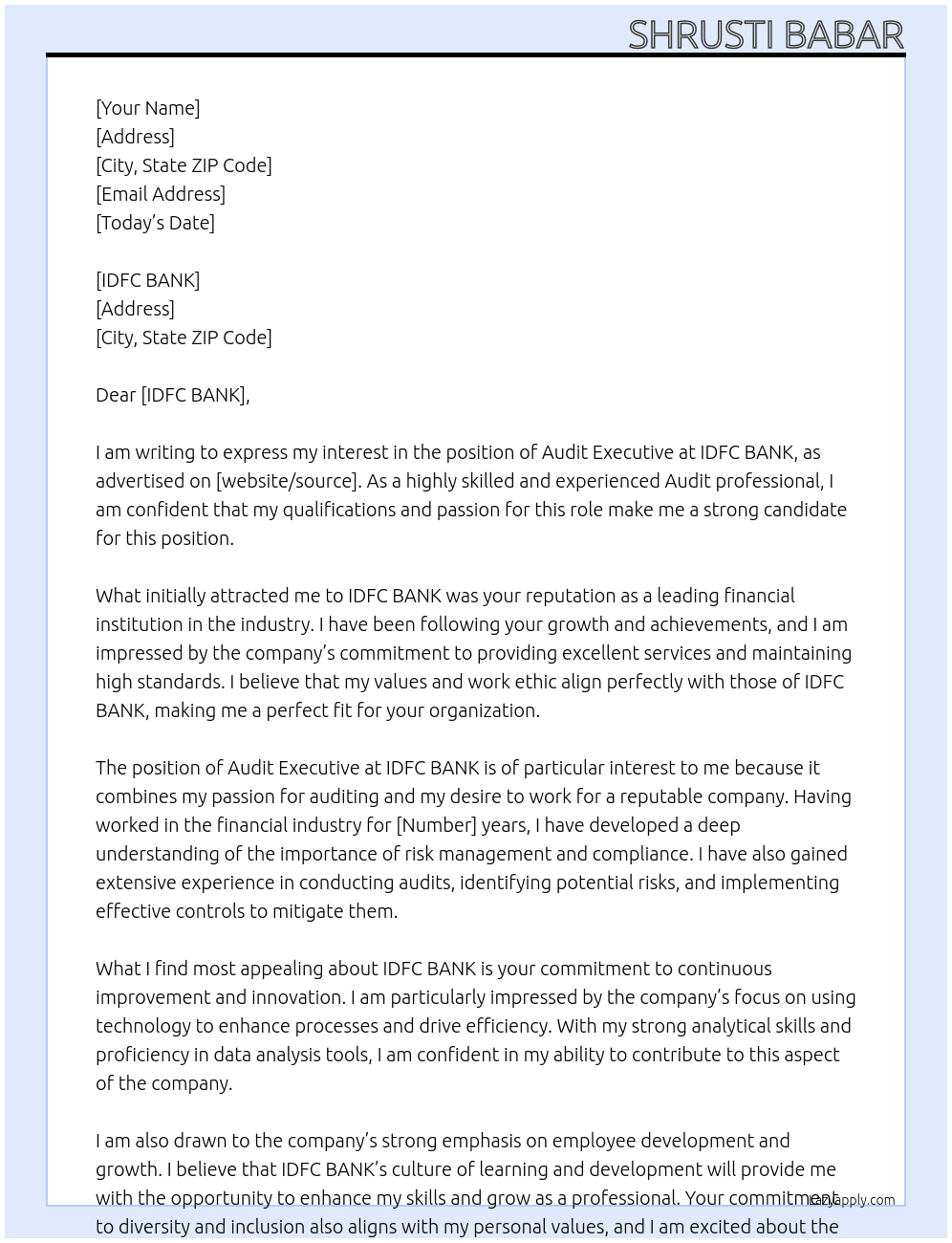 AUDIT EXECUTIVE At IDFC BANK Cover Letter