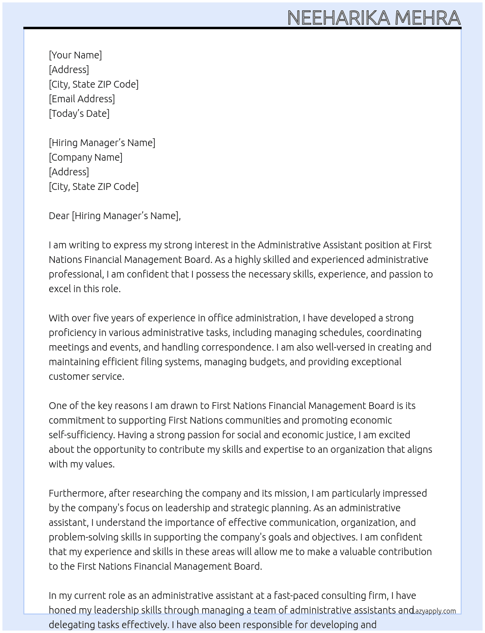 administrative assistant At First Nations Financial Management Board Cover Letter