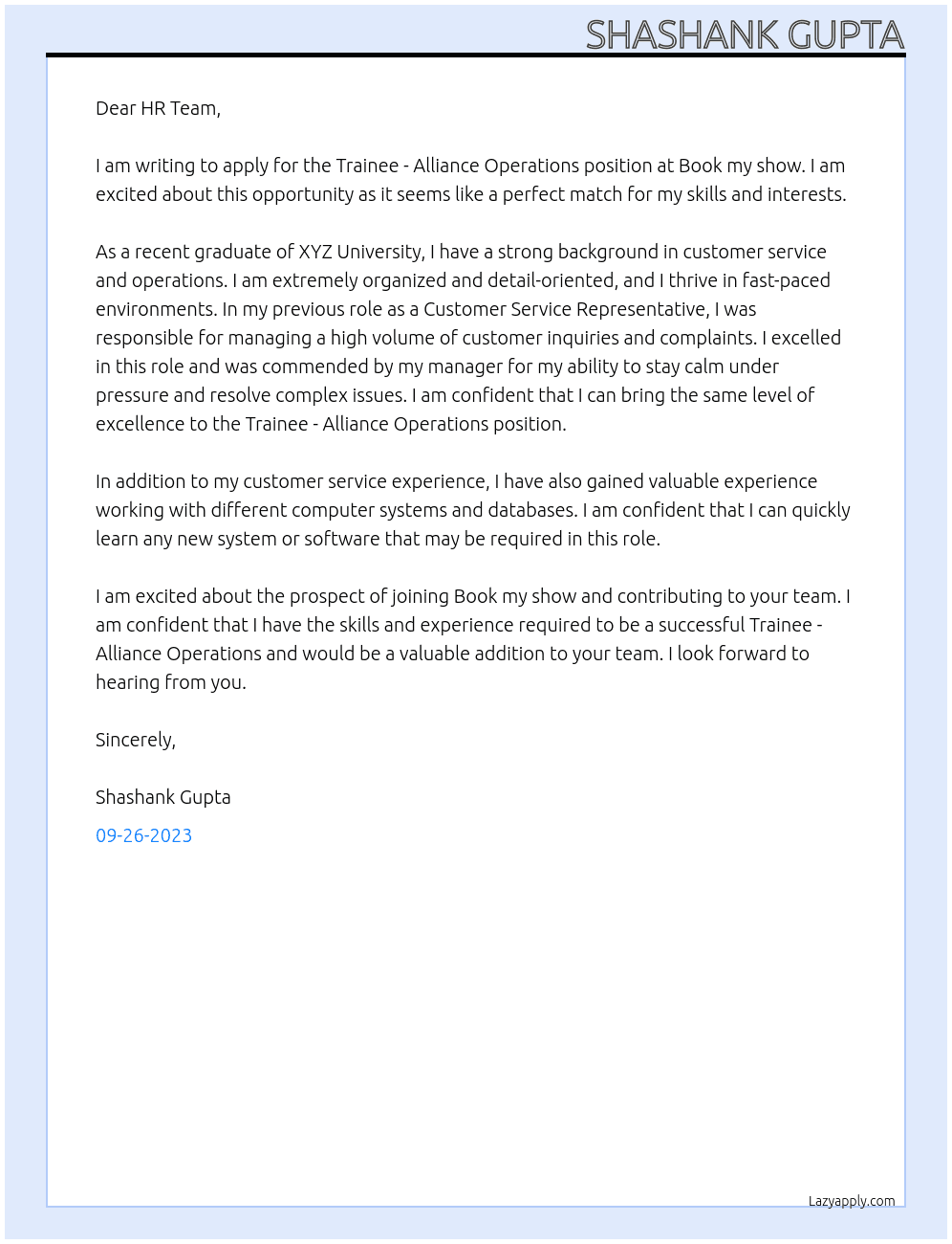 Trainee - Alliance operations  At Book my show Cover Letter