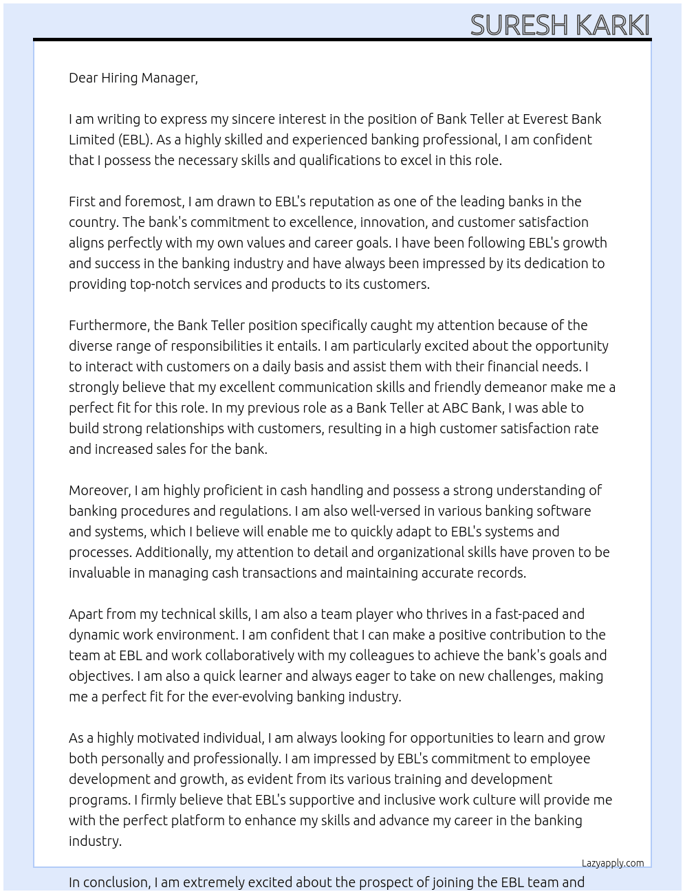Bank Teller At Everest Bank Limited (EBL)  Cover Letter