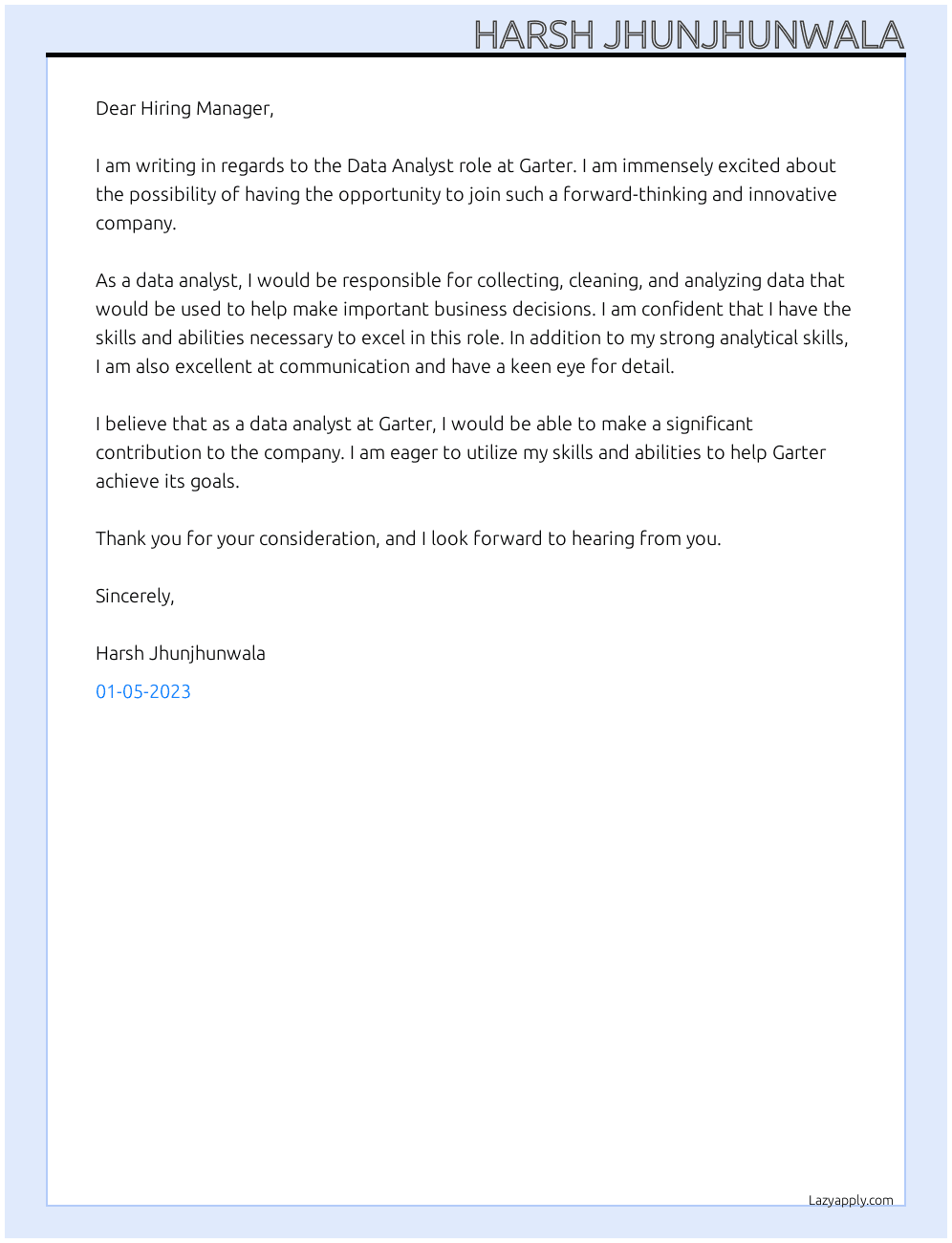 Data Analyst At Garter  Cover Letter