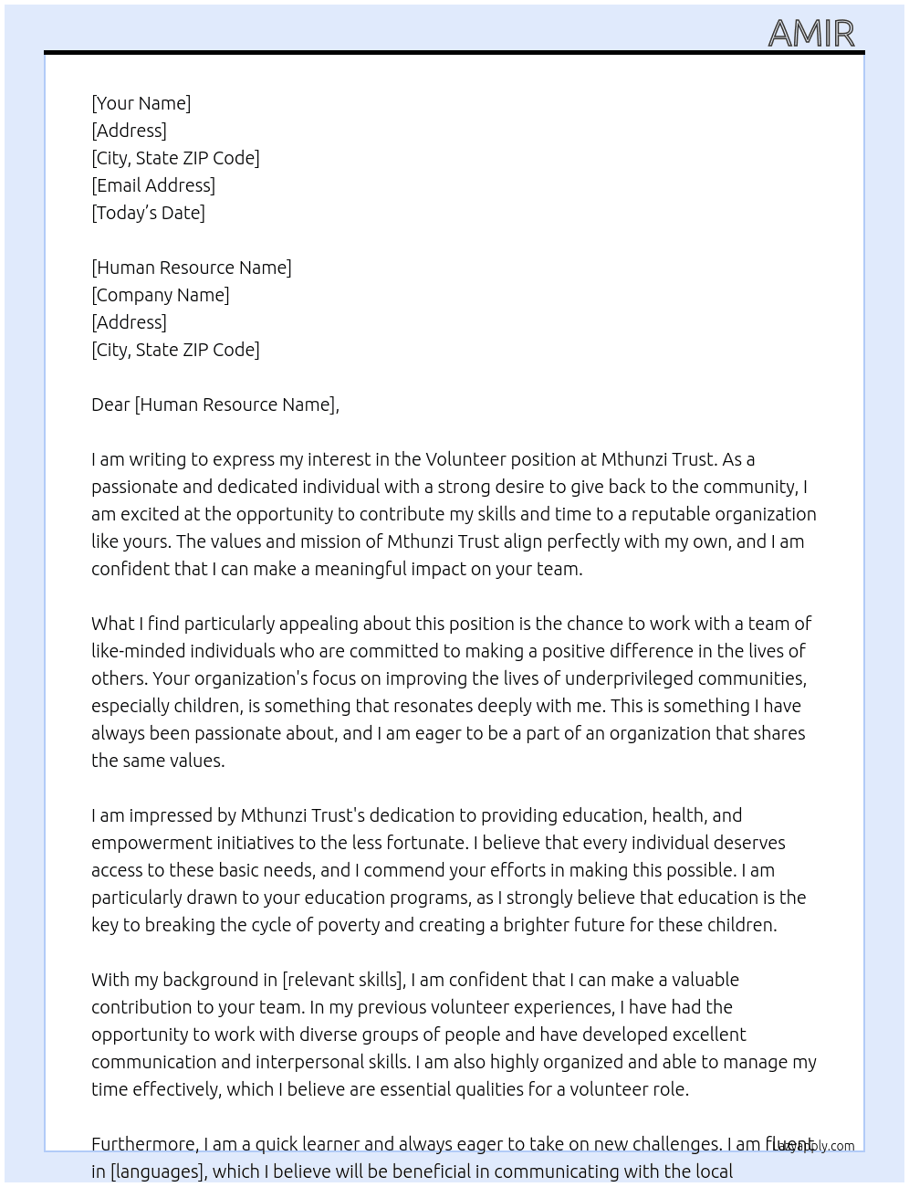 Volunteer  At Mthunzi trust  Cover Letter