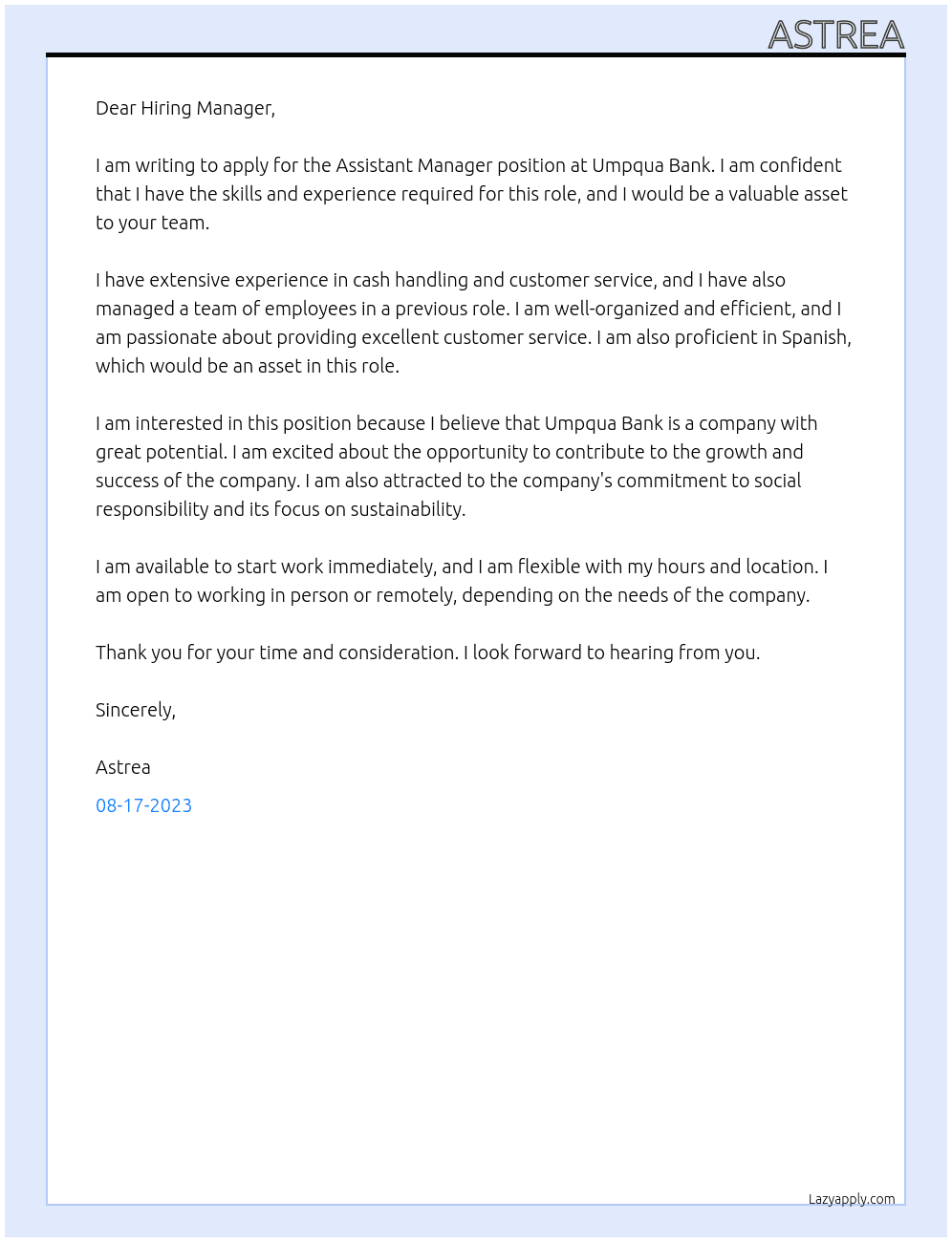 Assistant Manager At Umpqua Bank Cover Letter