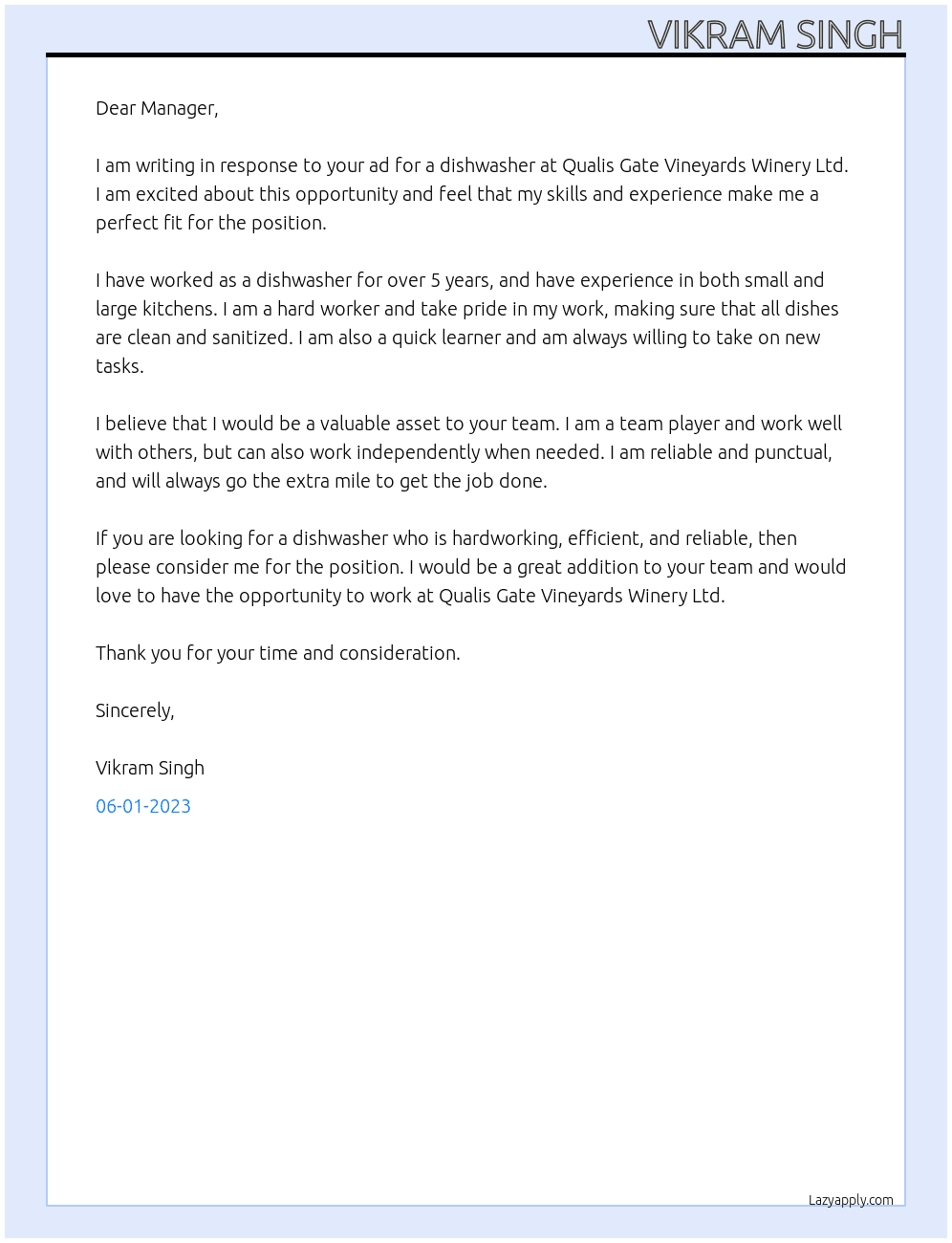 DISHWASHER At QUALIS GATE VINEYARDS WINERY LTD Cover Letter