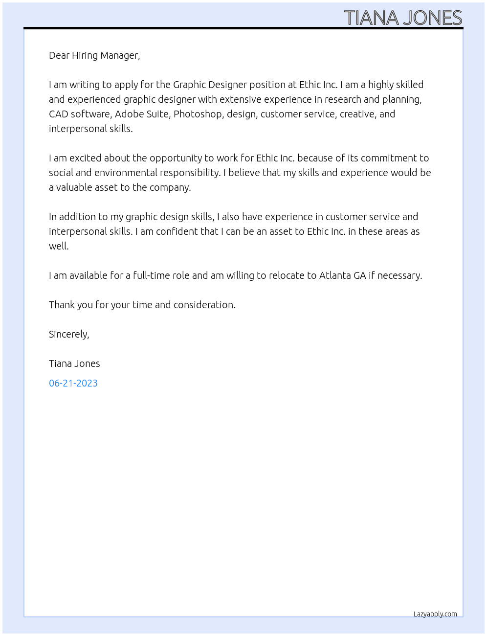 Graphic Designer  At Ethic Inc. Cover Letter