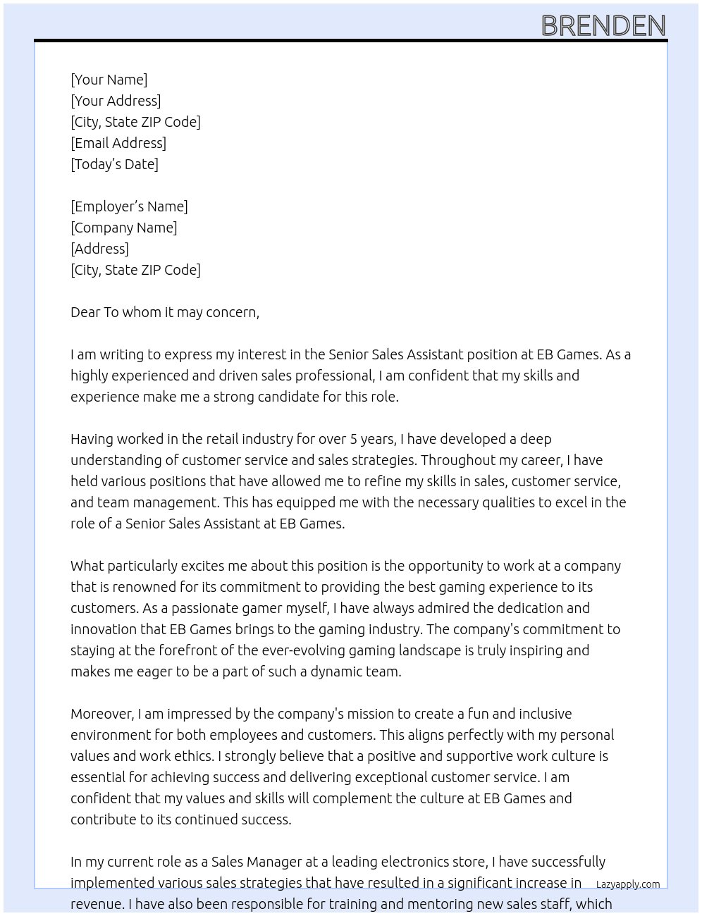 Senior Sales Assistant At EB Games Cover Letter