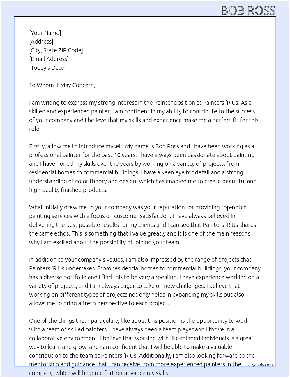 Painter At Painters 'R Us Cover Letter