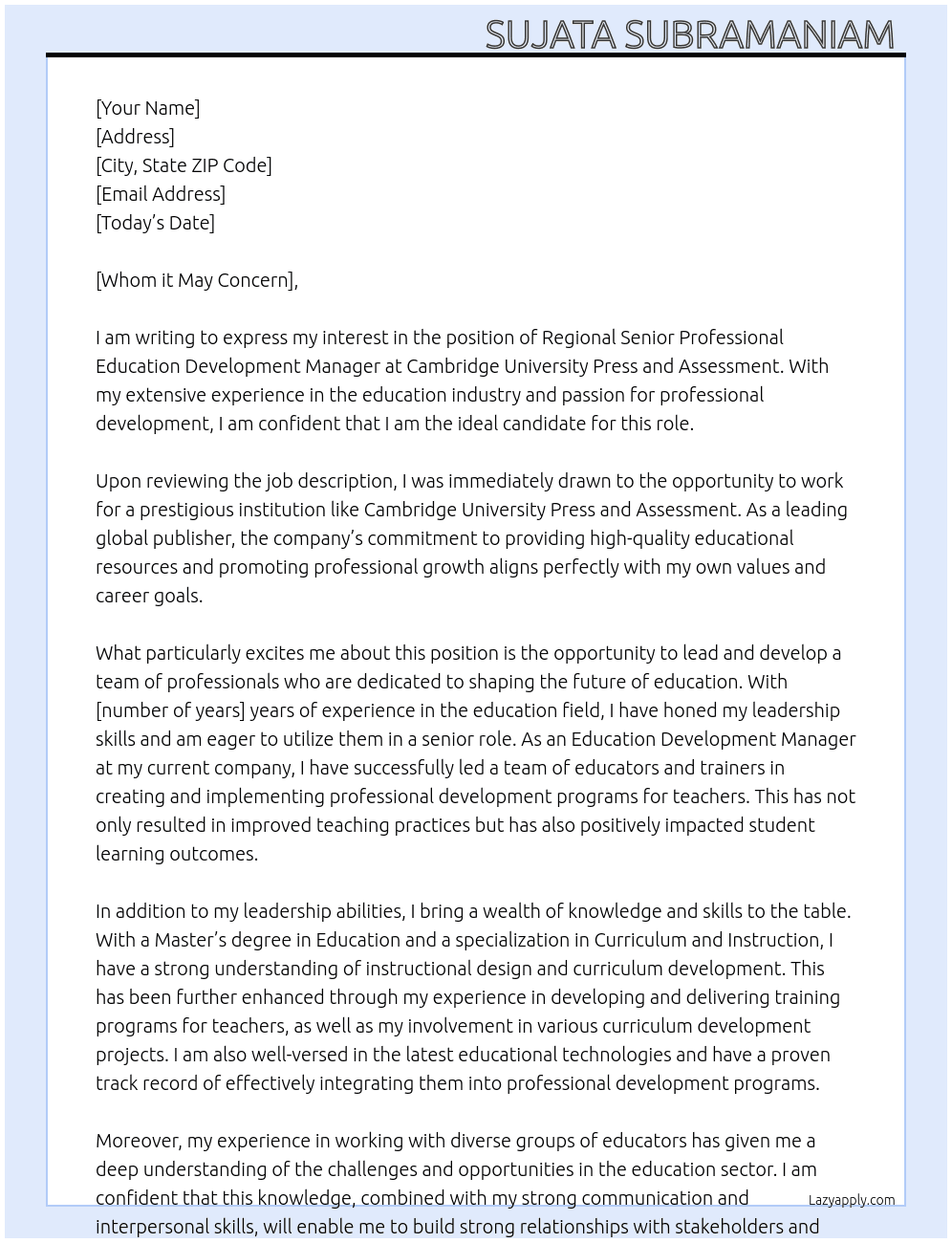 Regional Senior Professional Education Development Manager  At Cambridge University Press and Assessment  Cover Letter