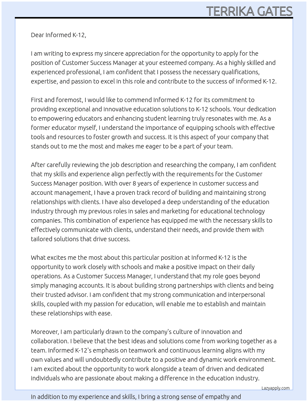 Customer Success Manager At Informed K-12 Cover Letter