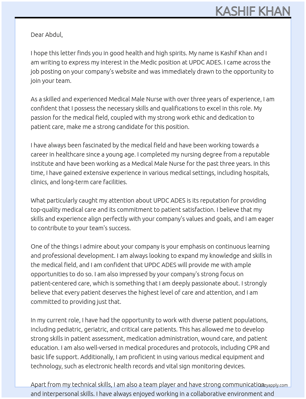 Medic  At UPDC ADES  Cover Letter