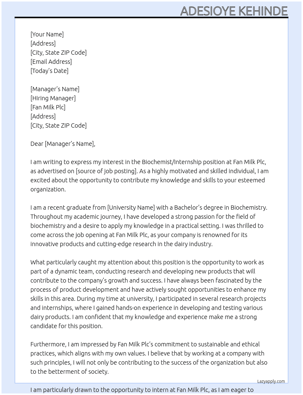 Biochemist/Internship At Fan Milk Plc Cover Letter