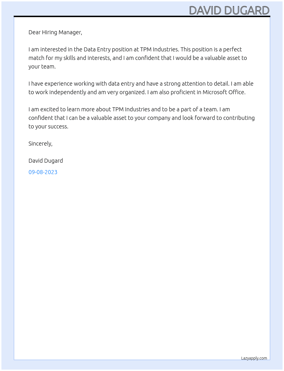 Data Entry At TPM Industries Cover Letter