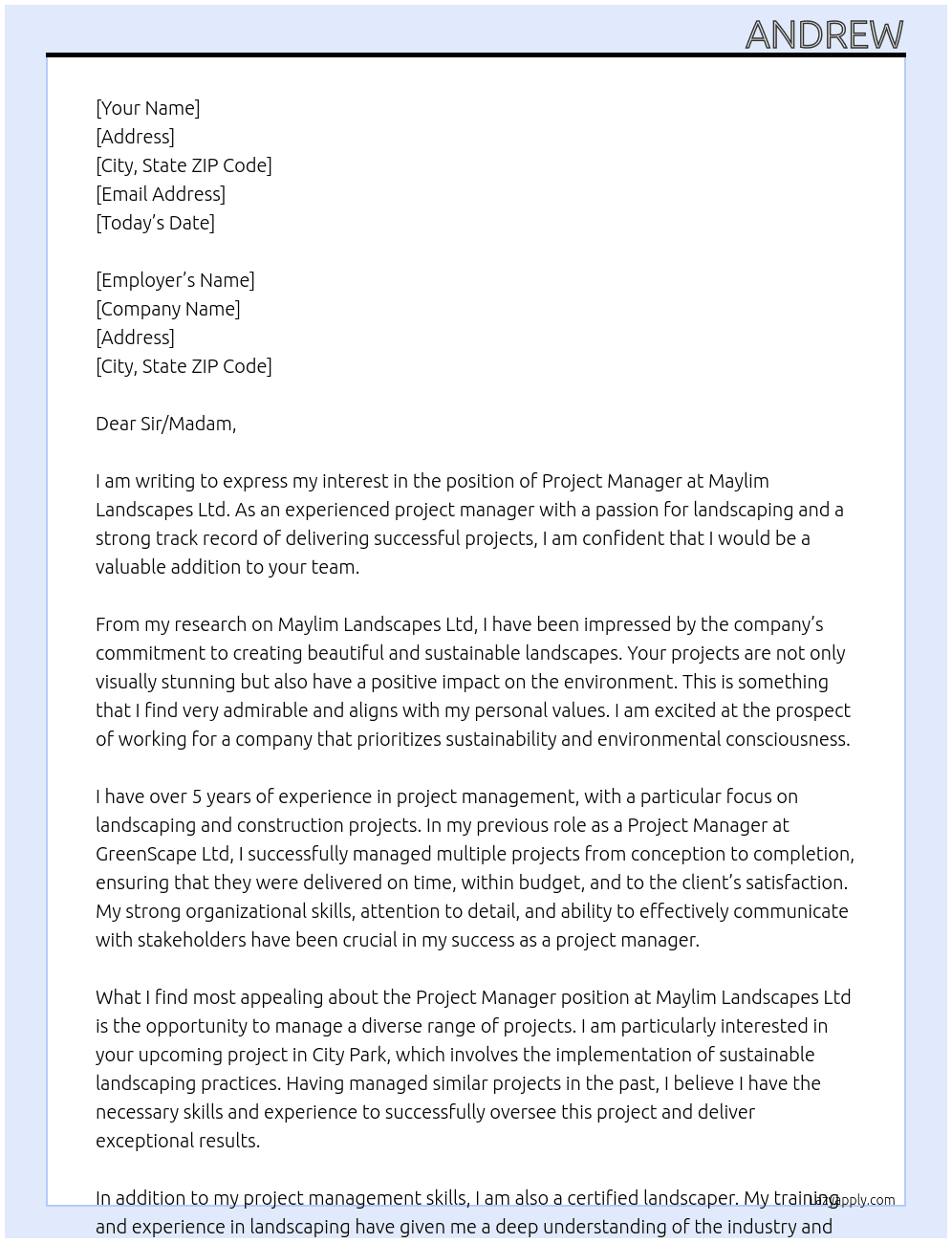 Project Manager  At Maylim Landscapes Ltd Cover Letter