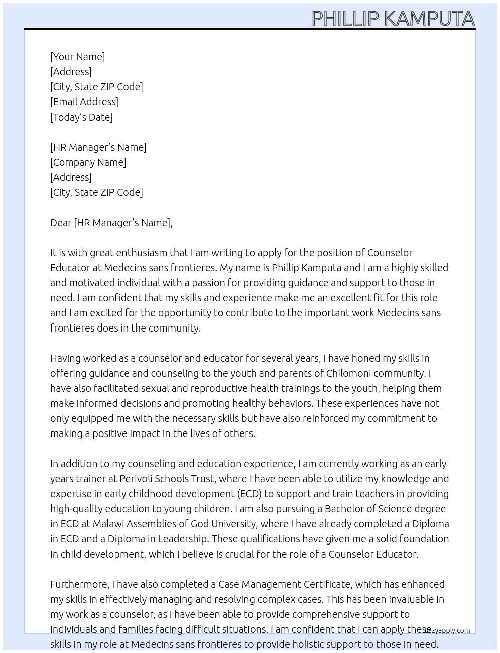 Counselor educator At Medecins sans frontieres Cover Letter
