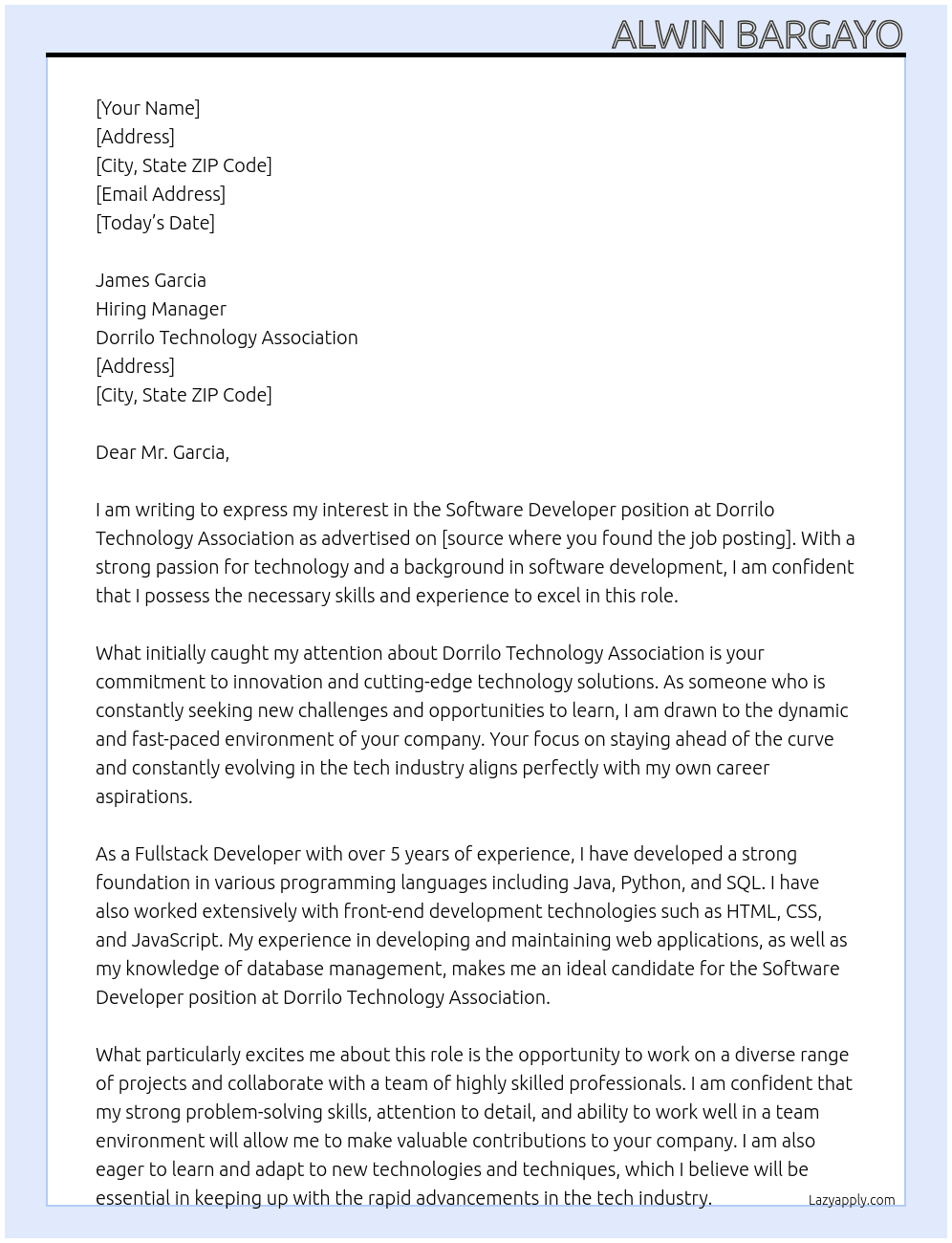 Software Developer  At Dorrilo technology association  Cover Letter