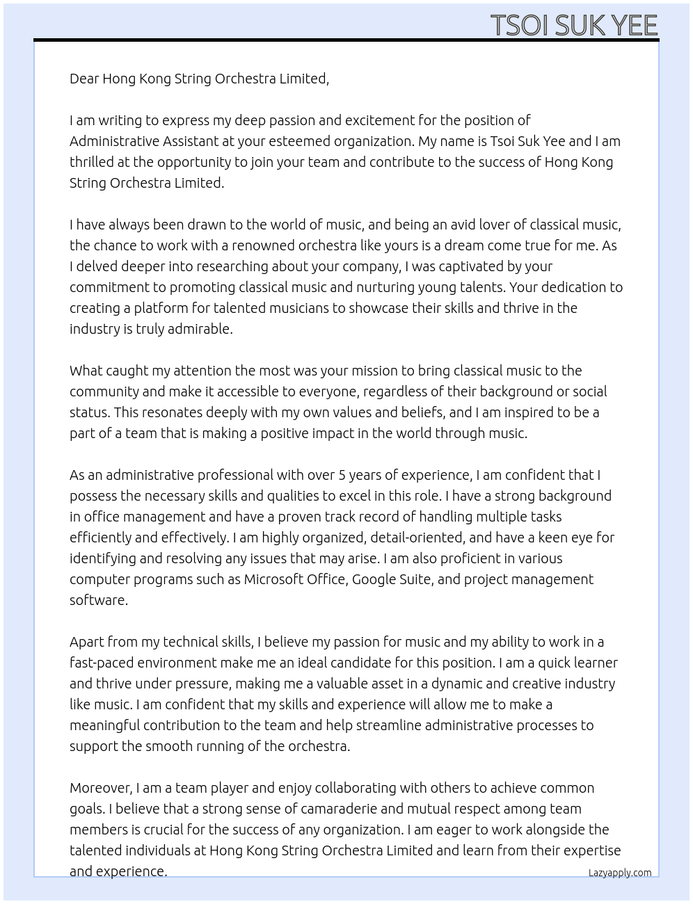 Administrative Assistant  At Hong Kong String Orchestra Limited Cover Letter