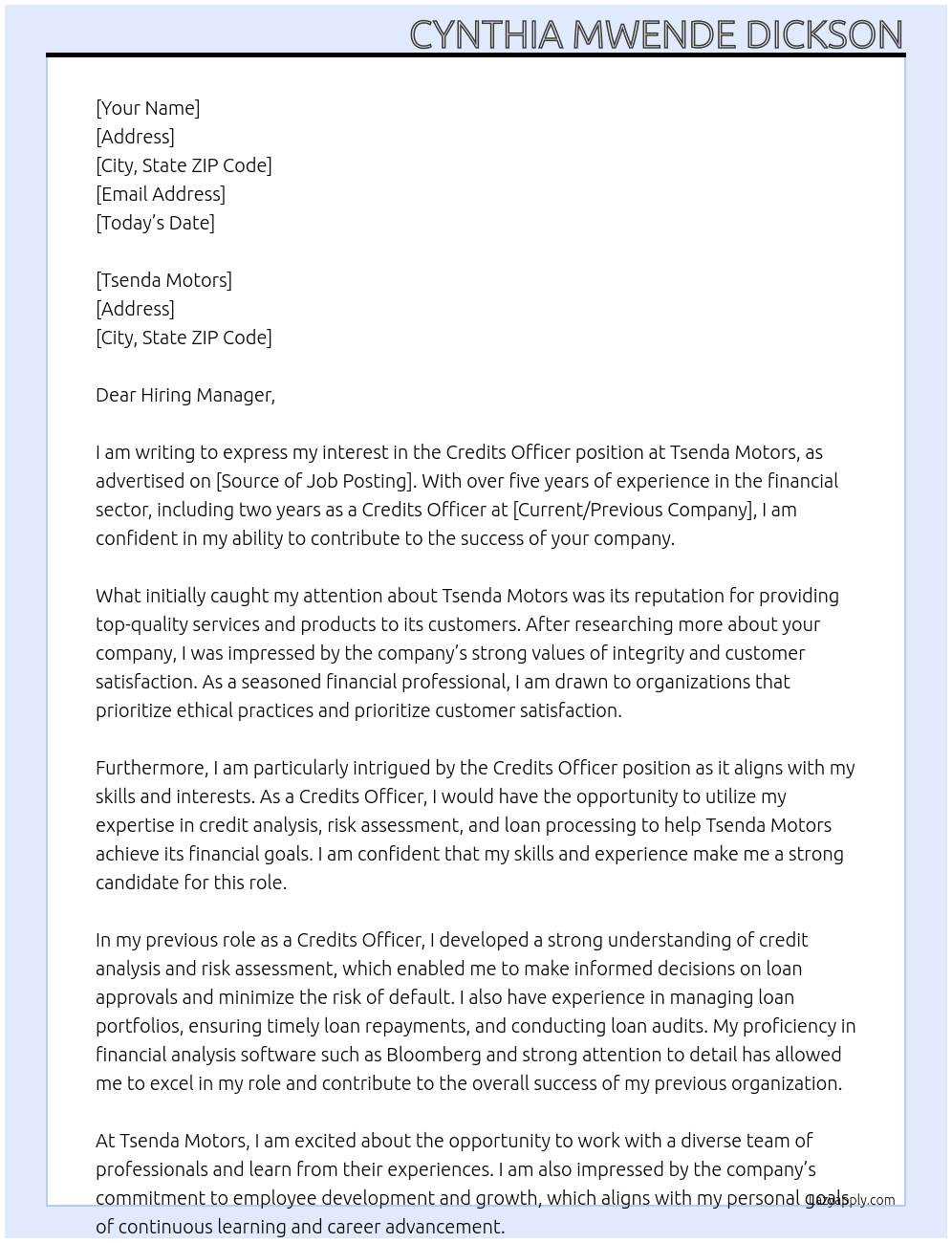 Credits Officer At Tsenda Motors Cover Letter