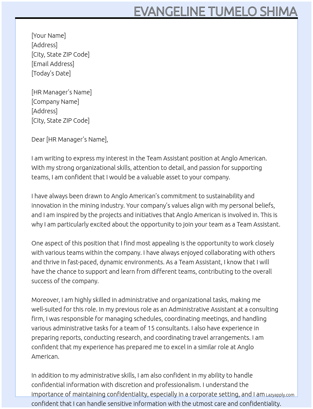 Team assistant At Anglo American Cover Letter