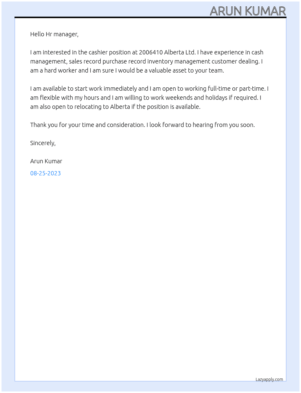 Cashier At 2006410 Alberta Ltd Cover Letter