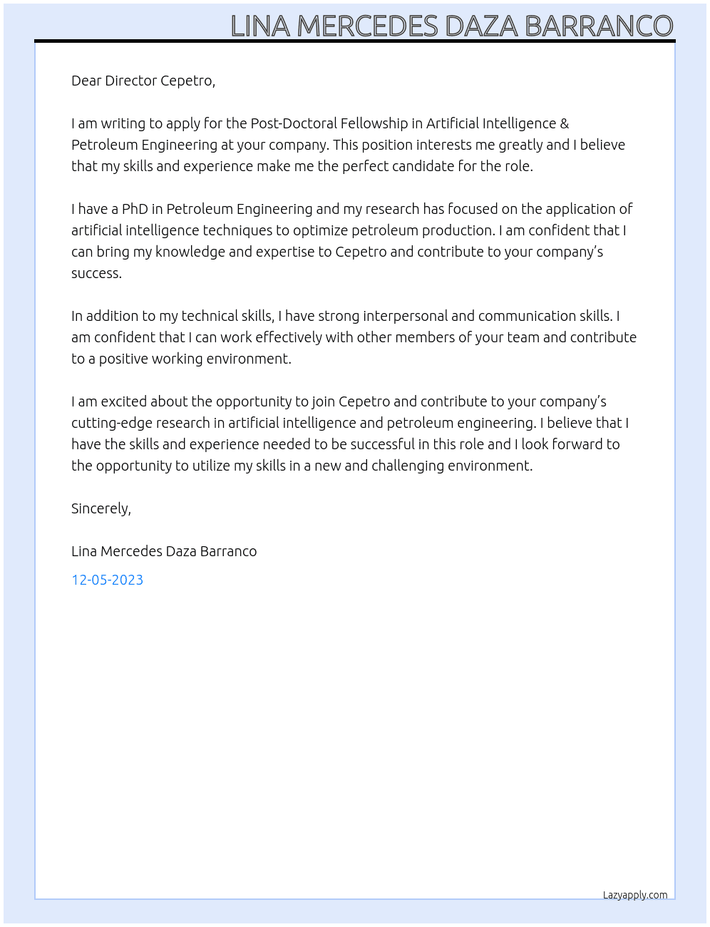  Post-Doctoral Fellowship in Artificial Intelligence & Petroleum Engineering At CEPETRO Cover Letter