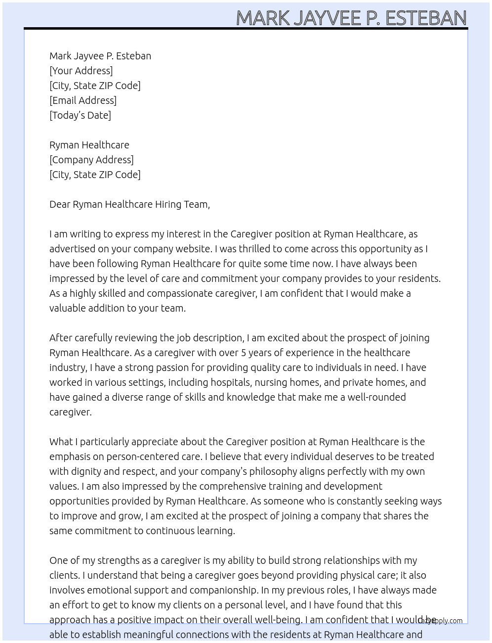 Caregiver At Ryman Healthcare Cover Letter