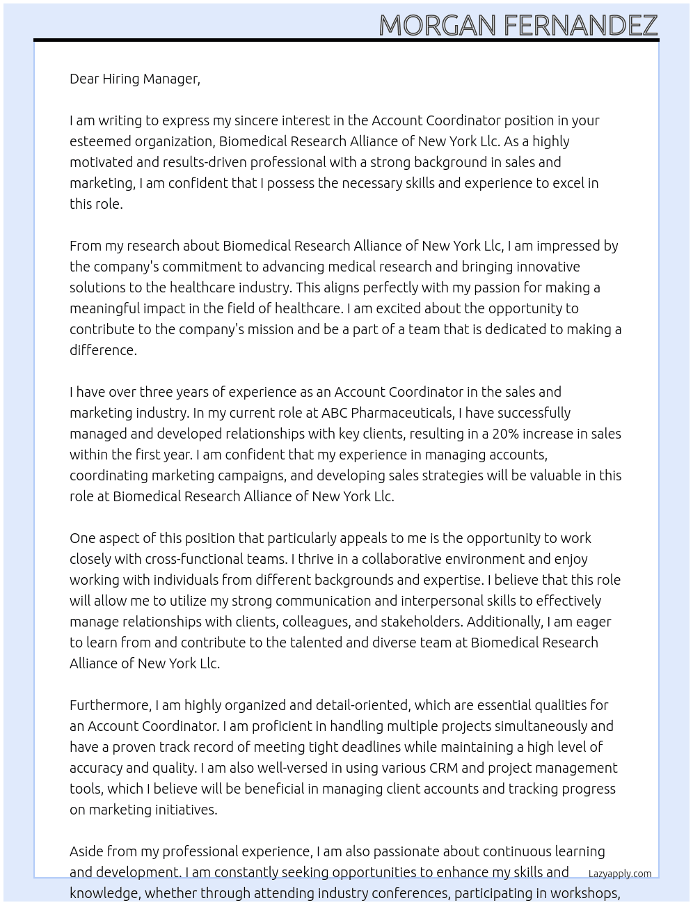 Account Coordinator, Sales and Marketing At Biomedical Research Alliance of New York Llc Cover Letter