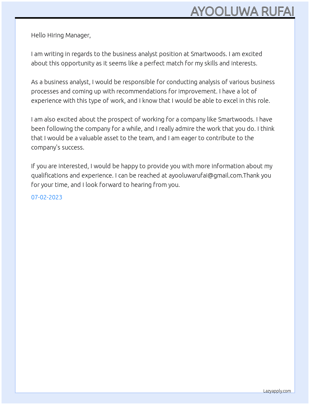 business analyst At SMARTWOODS Cover Letter