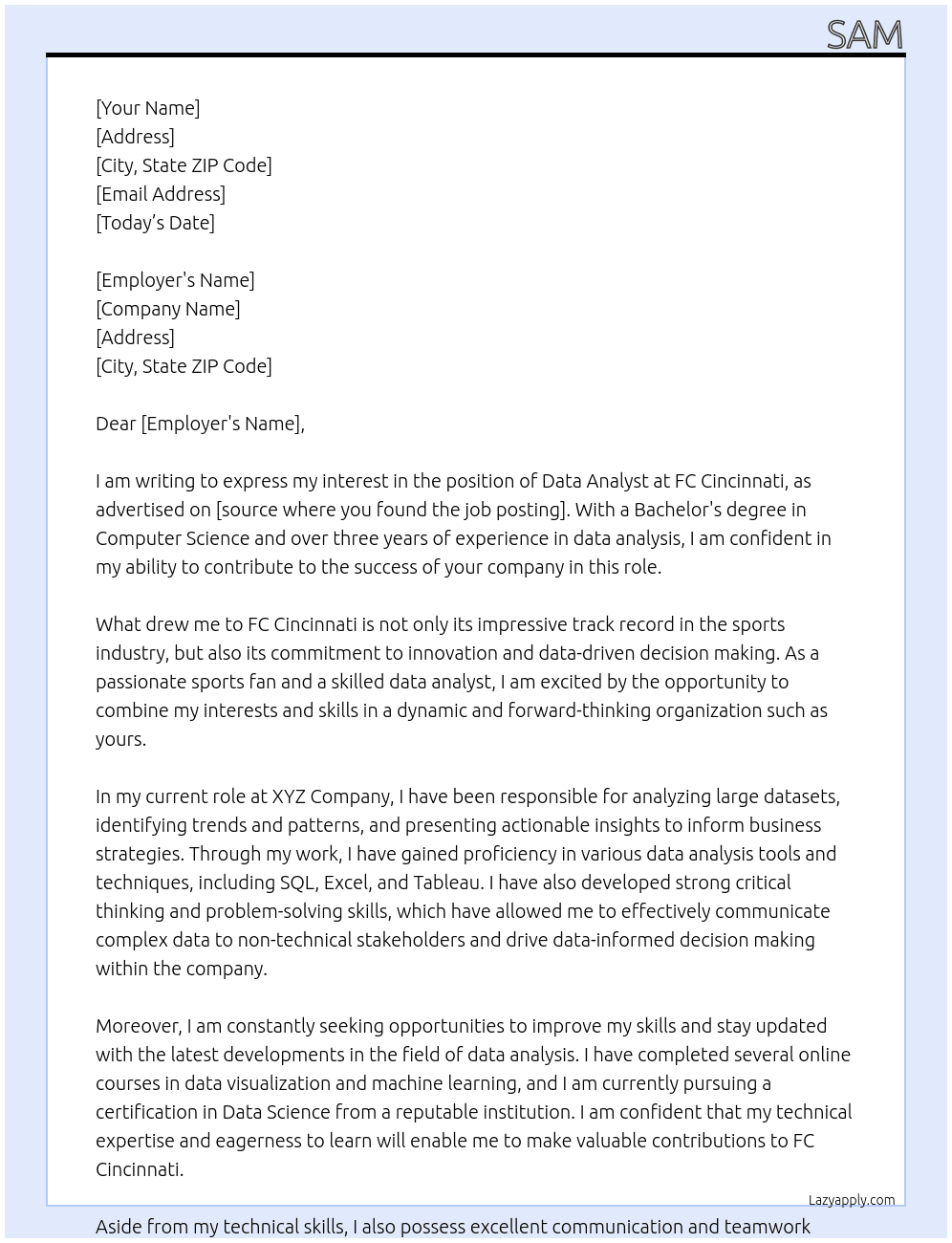 data analyst At FC Cincinnati Cover Letter