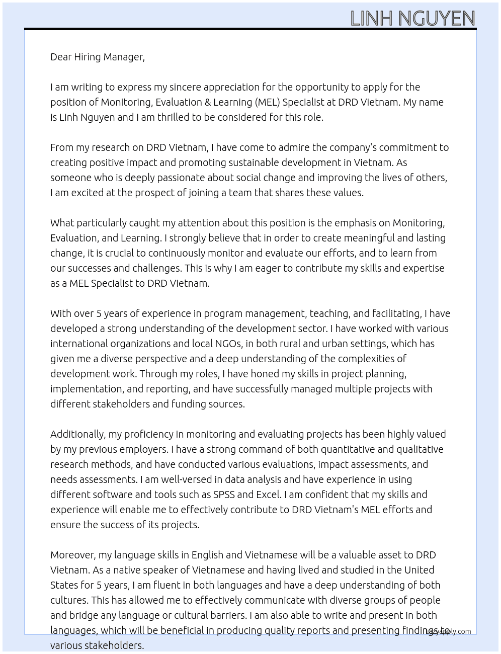 Monitoring, Evaluation & Learning (MEL) Specialist At DRD Vietnam Cover Letter