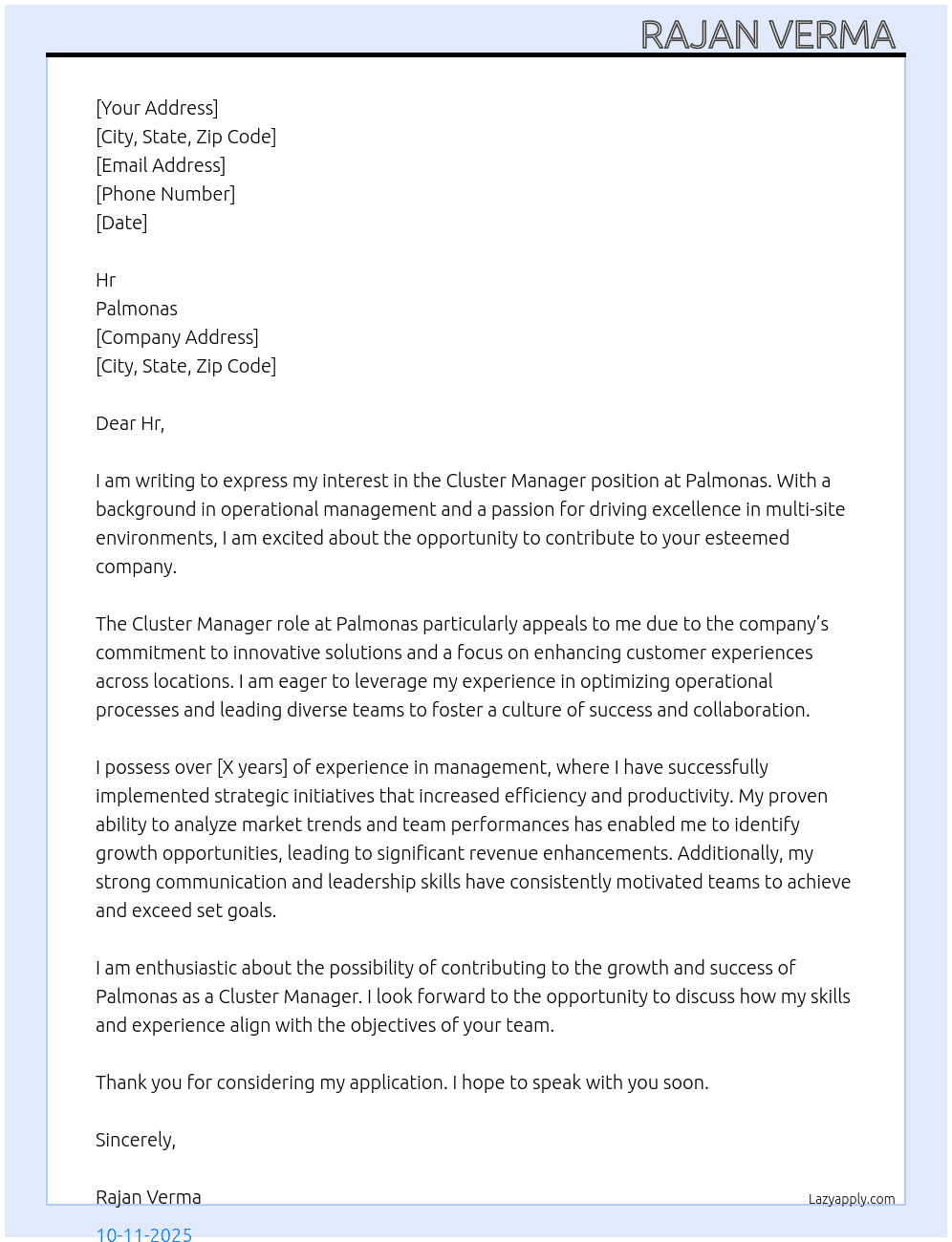 Cluster manager At Palmonas Cover Letter