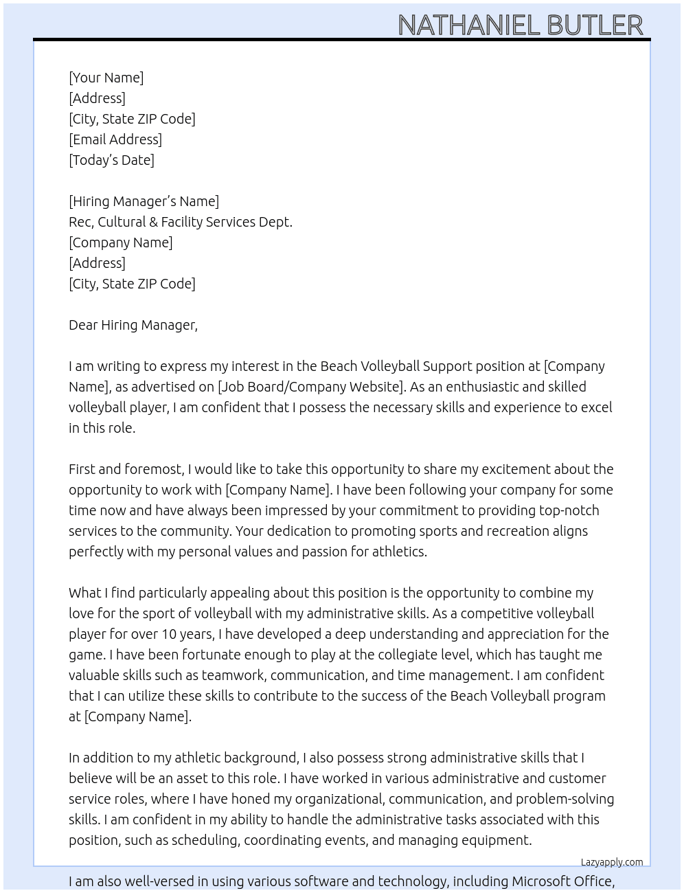 Beach Volleyball Support At Rec, Cultural & Facility Services Dept. Cover Letter
