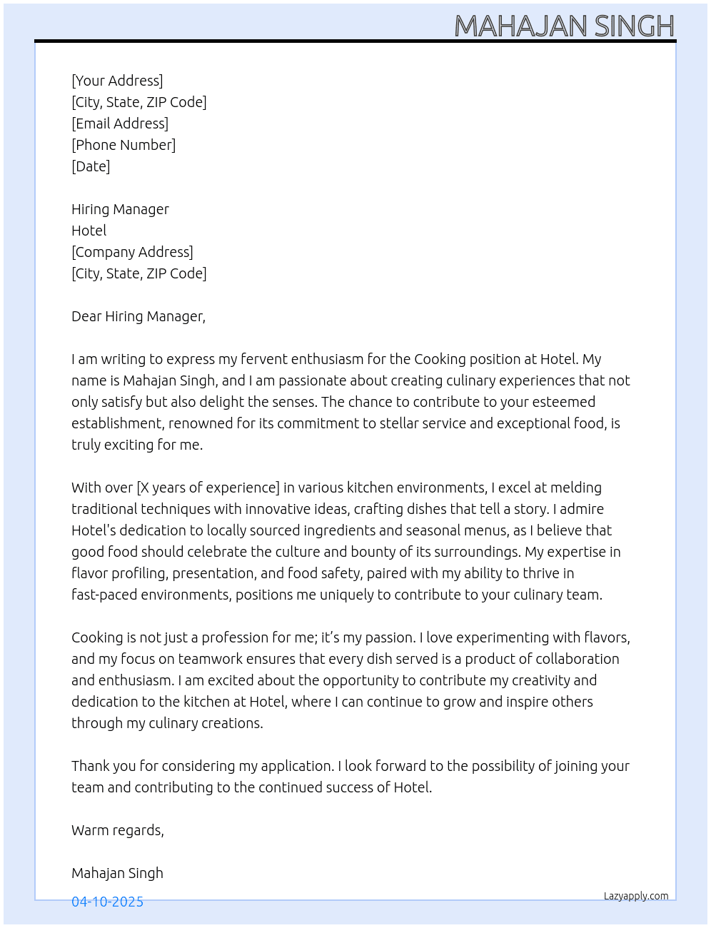 Cooking  At Hotel  Cover Letter