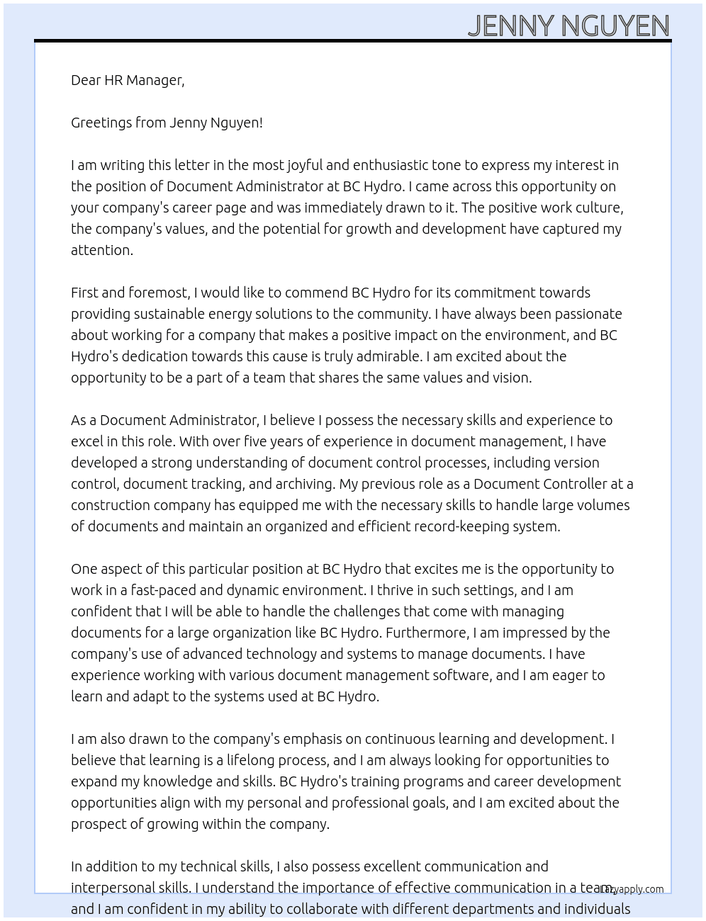 document administrator At BC Hydro Cover Letter