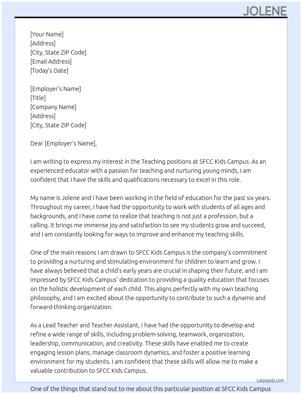 Teaching  At SFCC Kids Campus Cover Letter
