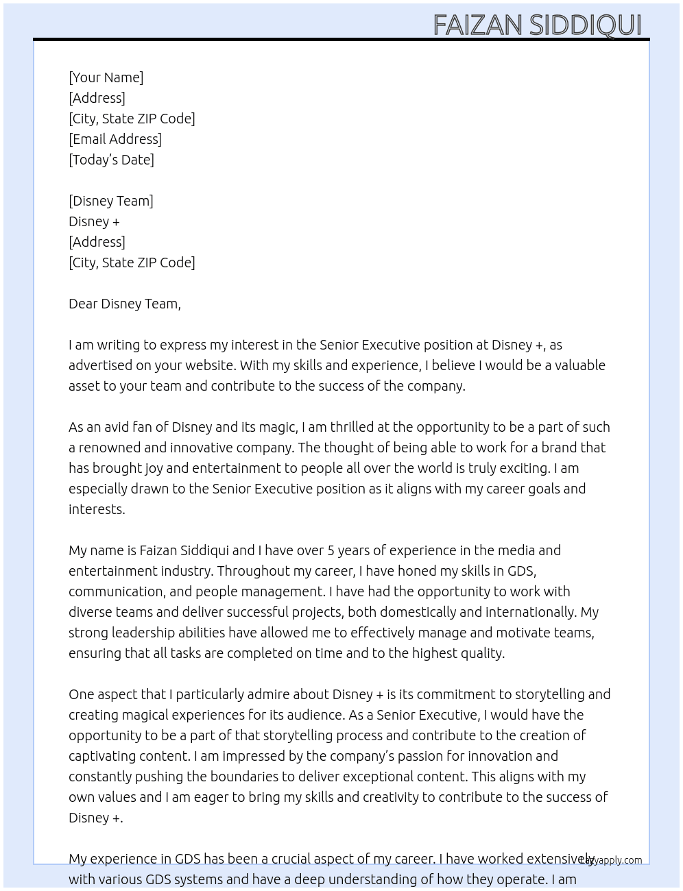 Senior Executive  At Disney + Cover Letter